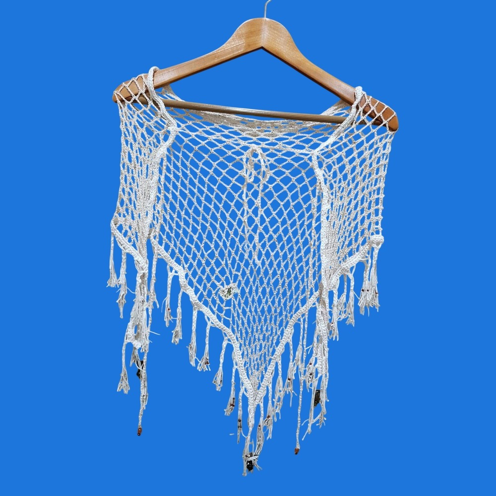 Handmade White Crochet Mesh Shawl Beaded Fringe Ribbon Medium Boho Wrap Coquette
